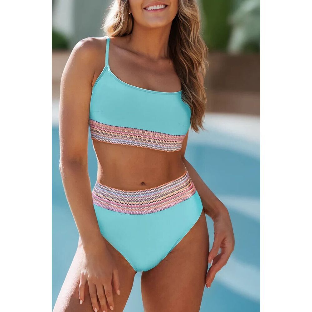 Womens Striped Patchwork Spaghetti Strap High Waist‎ Bikini Swimsuit Missy Blue